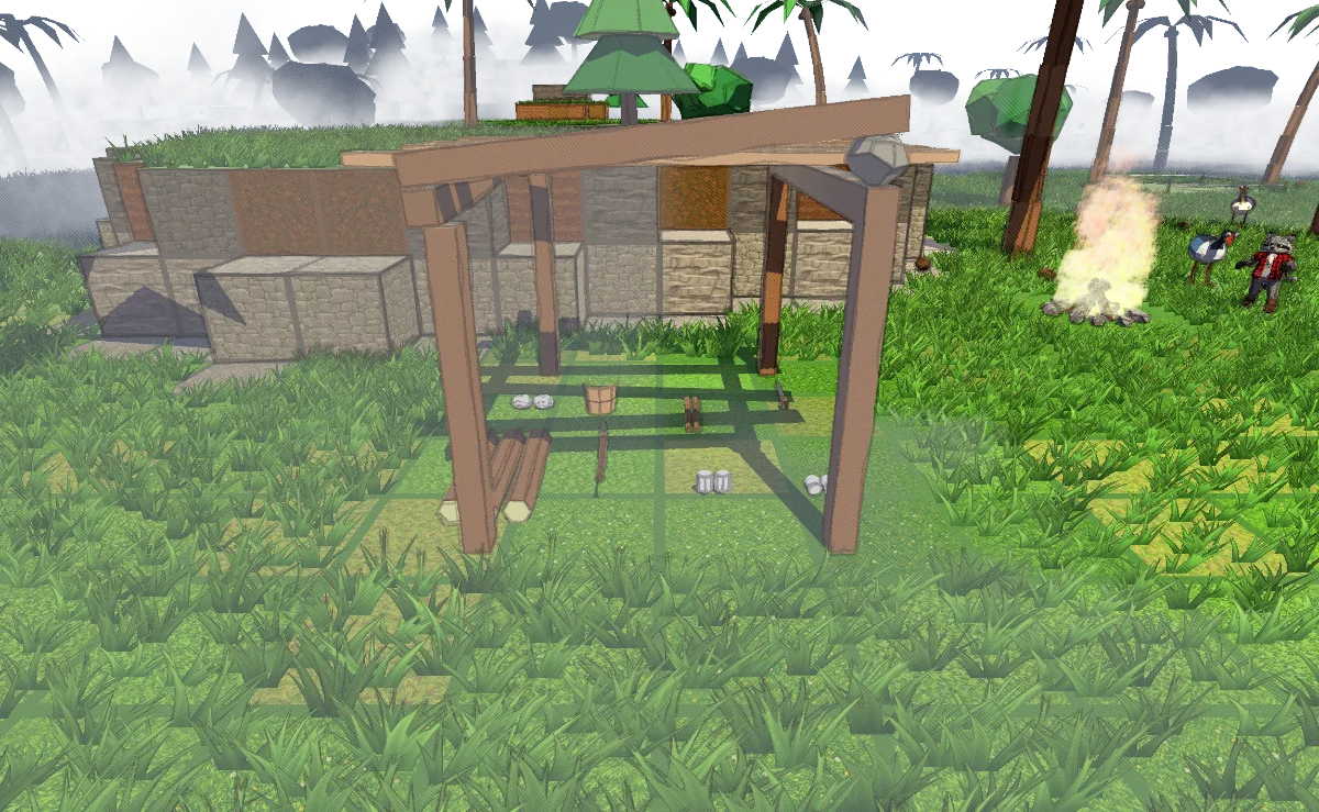 A raccoon in a striped shirt beside the storehouse and a stack of logs.